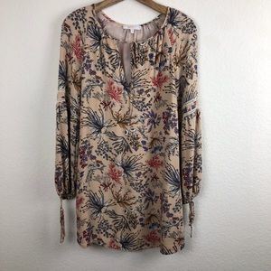 WAYF Boho Floral Tan Long sleeve Dress Small